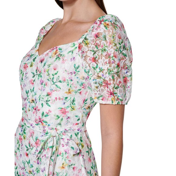 Guess Womens Floral Print Lace Puff Sleeve Above Knee Sheath Dress Size 6 White - Picture 1 of 10